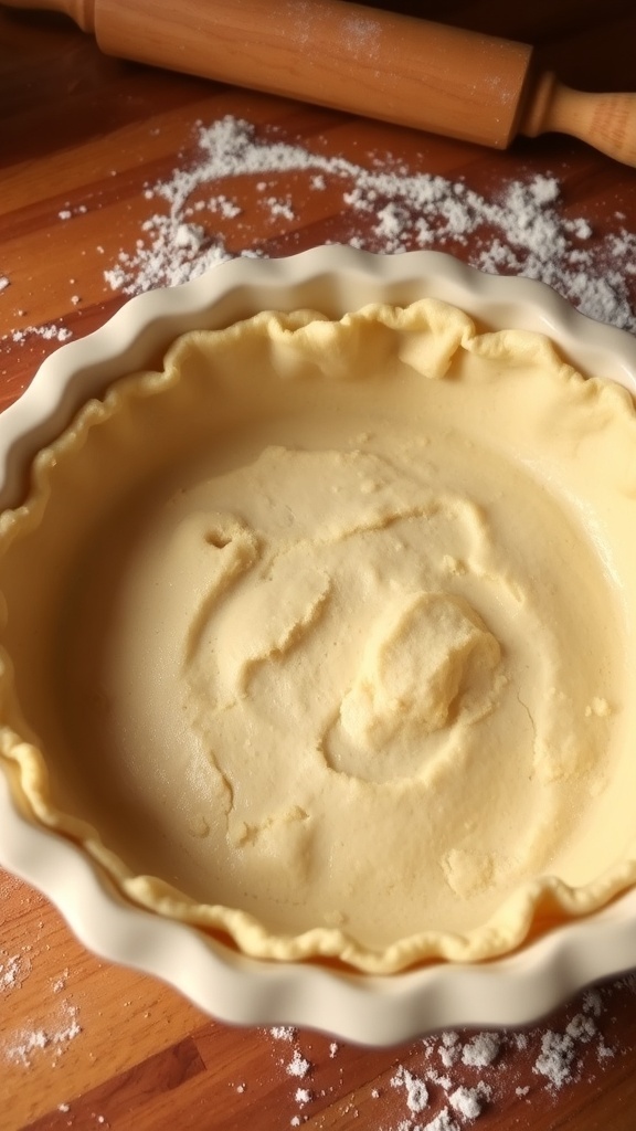 A golden-brown flaky pie crust in a ceramic dish, ready for filling, set in a rustic kitchen.